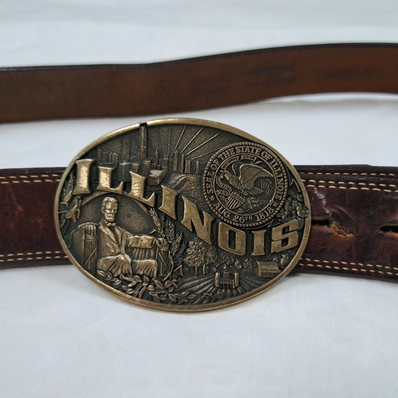 Illinois State Seal Solid Brass Award Design 1st Edition Buckle & Leather Belt - Picture 2 of 10